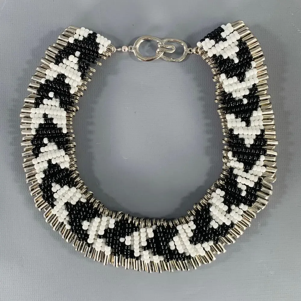 NO BRAND Silver Black White Beaded Metal Safety Pin Necklace